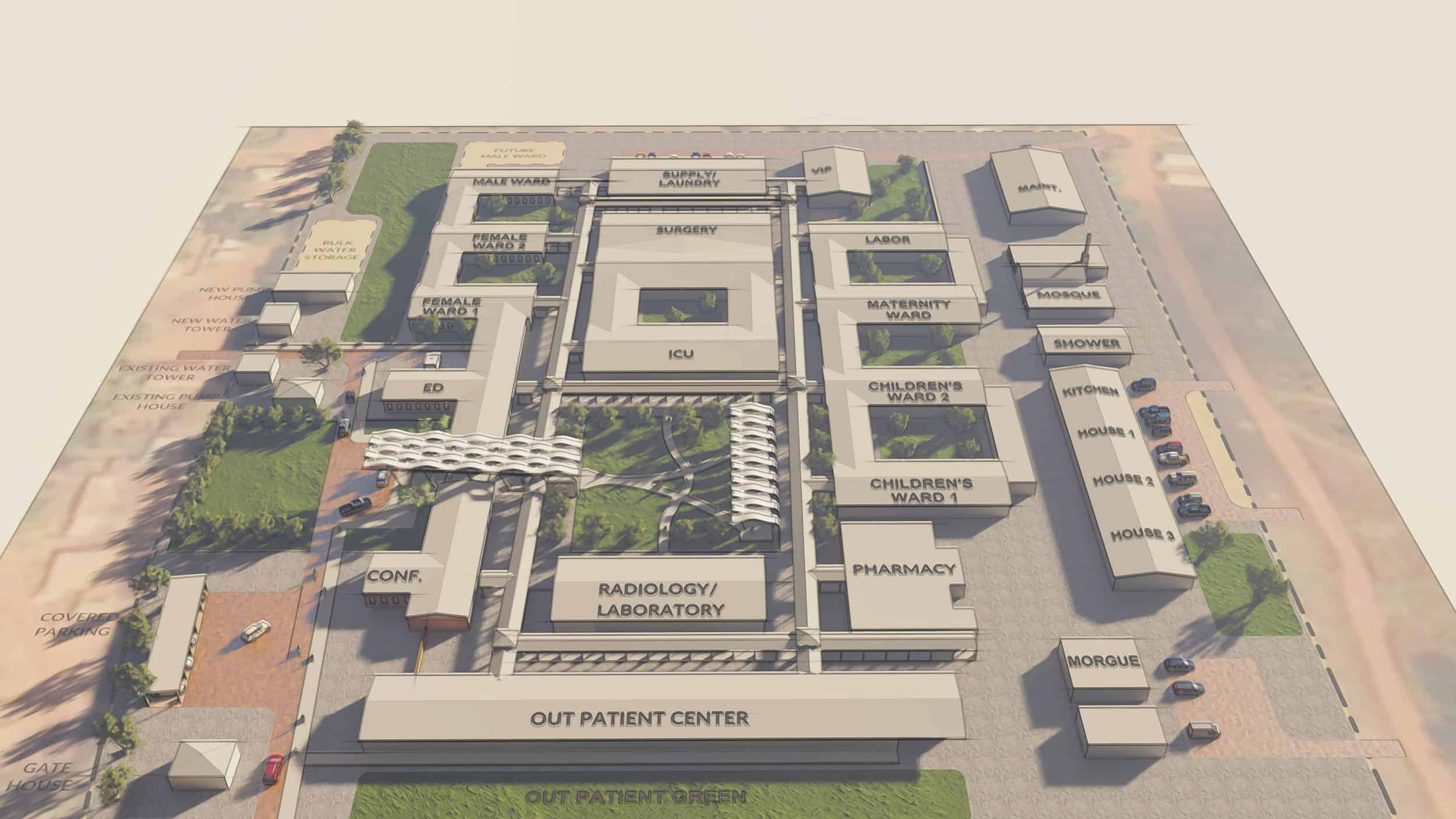 The image shows an architectural site plan or model of a hospital complex viewed from an aerial perspective. The layout is clearly labeled with different departments and functional areas of the healthcare facility, including: At the center of the complex are the critical care areas: - SURGERY in the upper central portion - ICU (Intensive Care Unit) directly below it The hospital is organized with distinct wards: - MALE WARD and FEMALE WARDS (1 and 2) on the left side - MATERNITY WARD and CHILDREN'S WARDS (1 and 2) on the right side - LABOR area adjacent to the maternity ward Support services are distributed throughout: - RADIOLOGY/LABORATORY at the bottom center - PHARMACY to its right - OUT PATIENT CENTER along the bottom entrance - ED (Emergency Department) on the left side - KITCHEN, SHOWER, an HOUSING on the right side - MORGUE at the bottom right - SUPPLY/LAUNDRY in the upper portion The design includes green spaces between buildings, parking areas, and access roads. The layout appears to be for a comprehensive medical facility, possibly in a developing region based on the inclusion of staff housing and the overall configuration. The plan shows careful consideration of functional relationships between departments, with emergency and outpatient services near entrances, and connected inpatient areas forming the core of the facility.