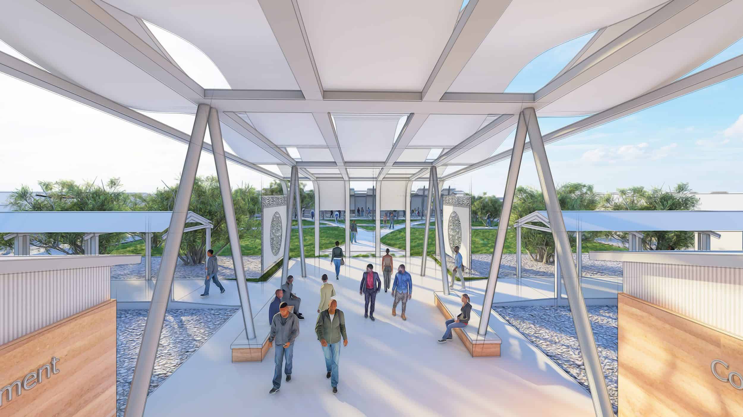 The image shows an architectural rendering of a covered walkway on the Yendi Hospital campus. The walkway features a modern design with a partially transparent roof supported by angled metal columns that create an airy, light-filled space. Several people are depicted walking through the corridor in both directions. The pathway has a smooth white floor with wooden bench seating along the sides. At the entrance of the corridor, there are wooden wall panels. Beyond the walkway, there's a landscaped green area with trees and what looks like a central courtyard or healing garden. The design emphasizes connection to nature, natural light, and a welcoming approach to the facility. This type of architectural feature in healthcare settings is often designed to create a calming transition space between the outside world and the clinical environment within.