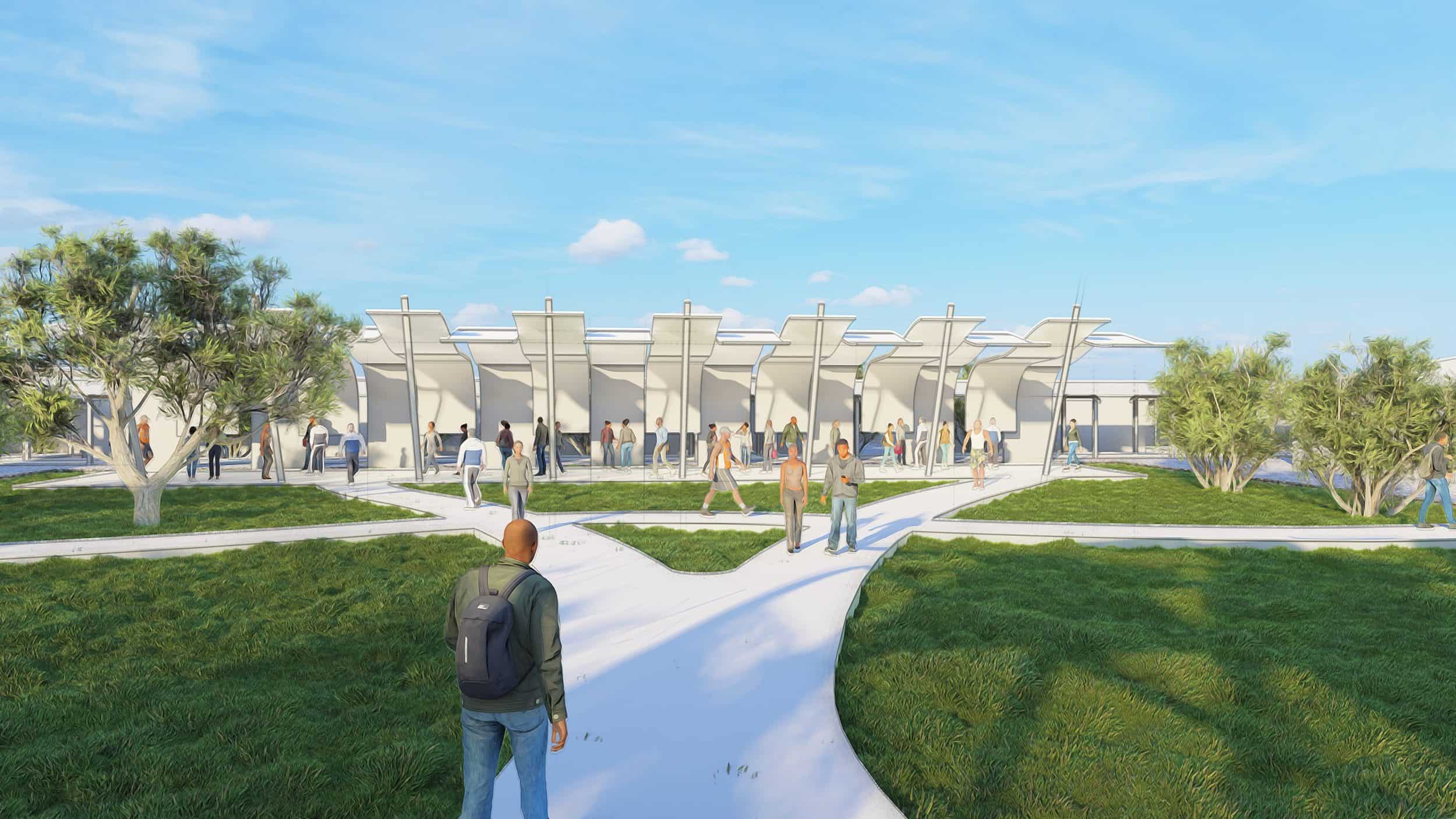 The image shows an architectural rendering of an entrance to the Yendi Hospital campus. The walkway leads to a structure with a modern design and partially transparent roof supported by angled metal columns that create an airy, light-filled space. Several people are depicted walking through the corridor in both directions. Along the entry path, there is a landscaped green area with trees and a community garden in the center of many connecting walkways. The design emphasizes a welcoming approach to the facility.
