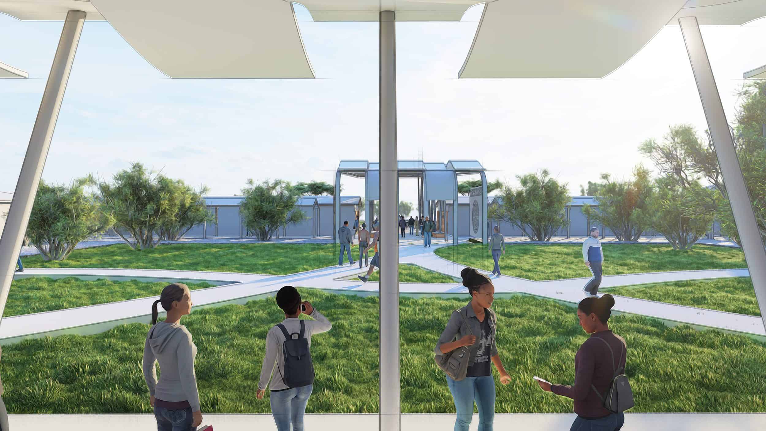 The image shows an architectural rendering of a covered walkway on the Yendi Hospital campus. The walkway features a modern design with a partially transparent roof supported by angled metal columns that create an airy, light-filled space. Several people are depicted walking through the corridor in both directions. Beyond the walkway, there's a landscaped green area with trees and a community garden in the center of four connecting walkways. The design emphasizes a welcoming approach to the facility.