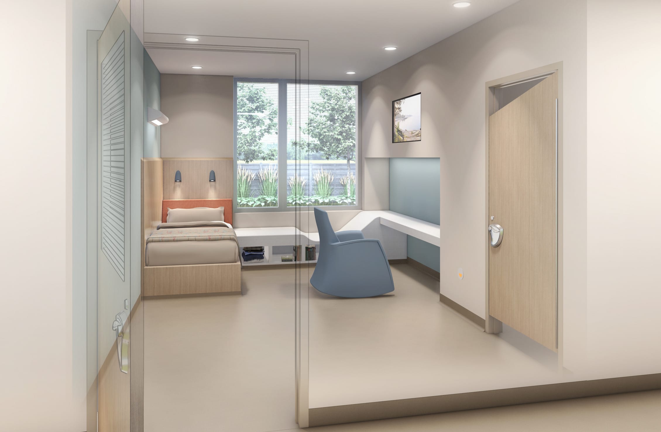 This image shows a rendering of a modern healthcare patient room with a minimalist design. The room features a single bed with a light wood headboard and orange accent panel, positioned against the left wall. Large windows span the back wall, offering views of trees and greenery outside, bringing natural light into the space. To the right side is a built-in desk or workstation with a light blue rocking chair. The room has clean white walls, recessed ceiling lights, and light-colored flooring. A wooden door with accessible hardware is visible on the right wall, and there appears to be a glass partition or door at the entrance. The overall design combines functionality with a calming aesthetic, using a soft color palette of whites, light woods, blue, and subtle orange accents to create a soothing healthcare environment.