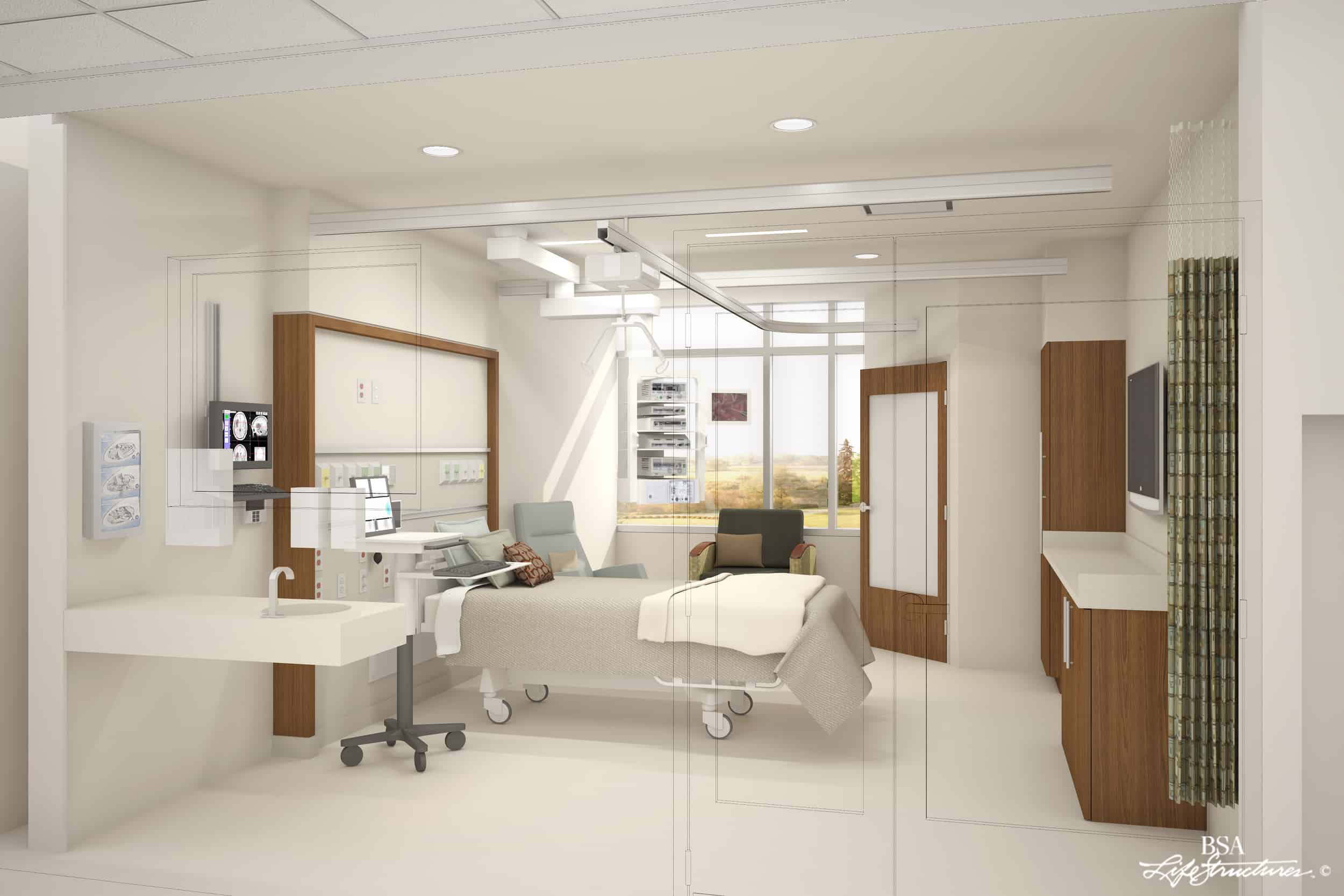 This image shows a rendering of a modern healthcare patient room with a minimalist design. The room features a single bed positioned against the left wall. Large windows span the back wall, offering views of trees and greenery outside, bringing natural light into the space. To the right side is a built-in desk or workstation. The room has clean white walls, recessed ceiling lights, and light-colored flooring. A wooden door with accessible hardware i in warm wooden tones. The overall design combines functionality with a calming aesthetic, using a soft color palette of whites, light woods, blue, and subtle orange accents to create a soothing healthcare environment.