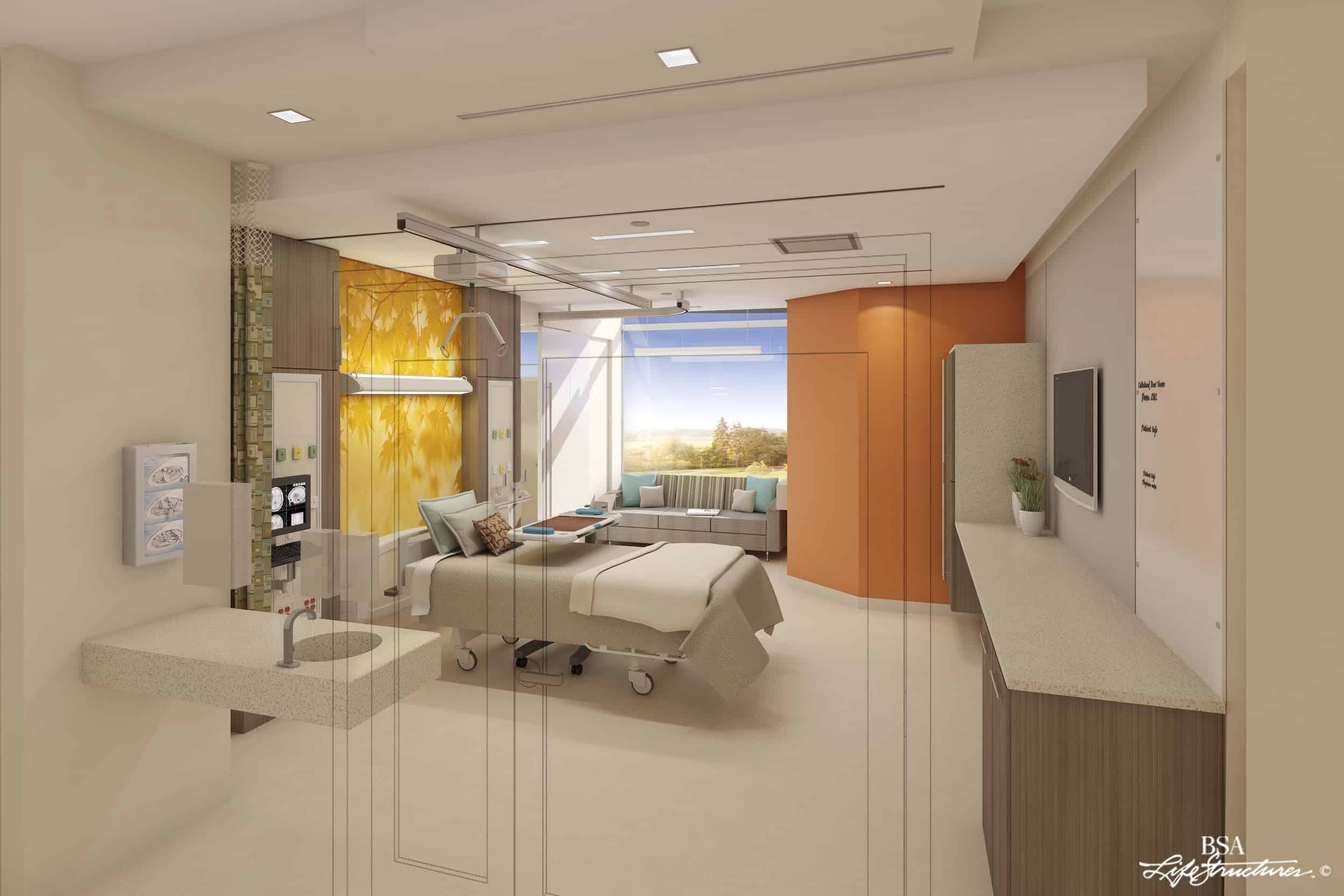 This image shows a rendering of a modern healthcare patient room with a minimalist design. The room features a single bed with a light wood headboard and orange accent panel, positioned against a yellow nature-inspired mural. Large windows span the back wall, offering views of trees and greenery outside, bringing natural light into the space. To the right side is a built-in desk or workstation with a cheerful orange accent wall. The overall design combines functionality with a calming aesthetic, using a soft color palette of whites, light woods, blue, and subtle orange accents to create a soothing healthcare environment.