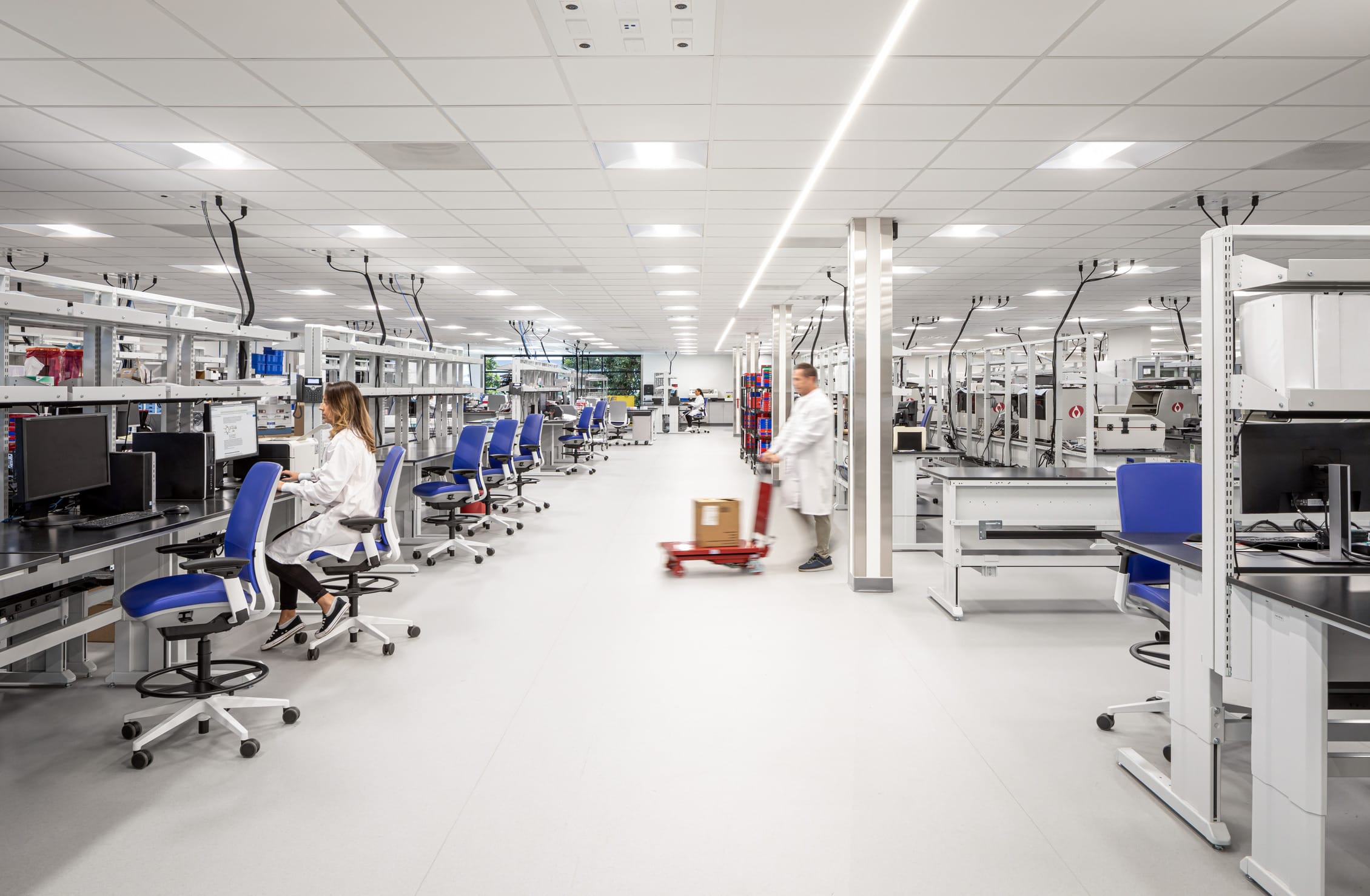 Spacious modern histology laboratory with bright white surfaces and suspended ceiling with integrated lighting. The open layout features ergonomic blue workstations with computer terminals arranged along both sides of a central aisle. Lab personnel in white coats work at stations equipped with multiple power outlets and specialized equipment mounting systems. A person pushes a red cart with supplies through the immaculate white floor space, surrounded by analytical equipment and organized storage shelving.