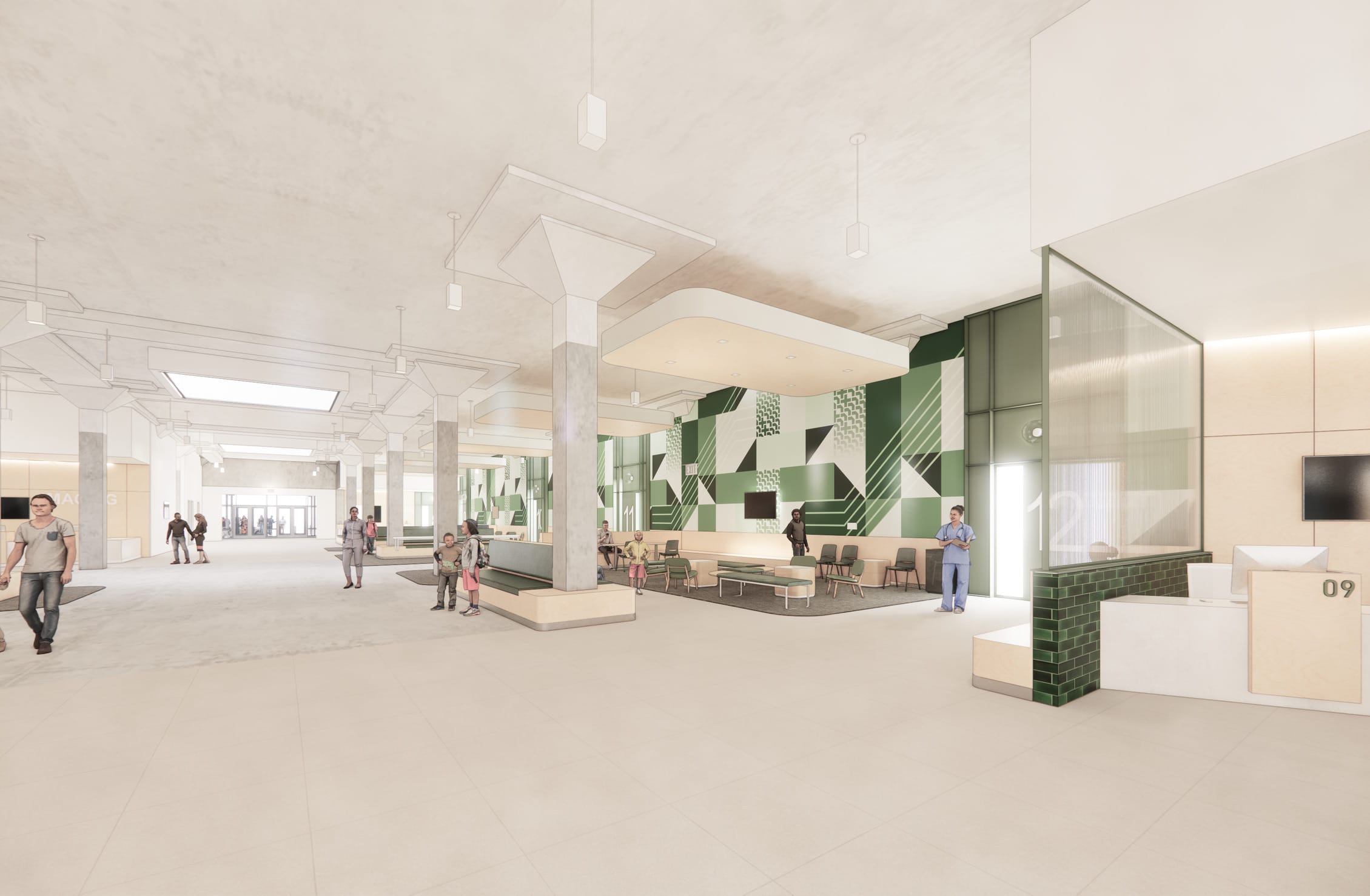 This interior rendering shows a modern healthcare facility lobby with a bright, spacious design. The space features a predominantly white color scheme accented with green geometric patterns on a feature wall. There's a waiting area with comfortable seating to the right, and a reception desk partially visible with green tile detailing. The open floor plan includes support columns and suspended ceiling elements. Various people are depicted throughout the space, including what appears to be medical staff in scrubs, adults, and children, suggesting this is likely a family-friendly medical center. Natural light floods the area, and the overall design emphasizes a clean, welcoming atmosphere for patients and visitors.