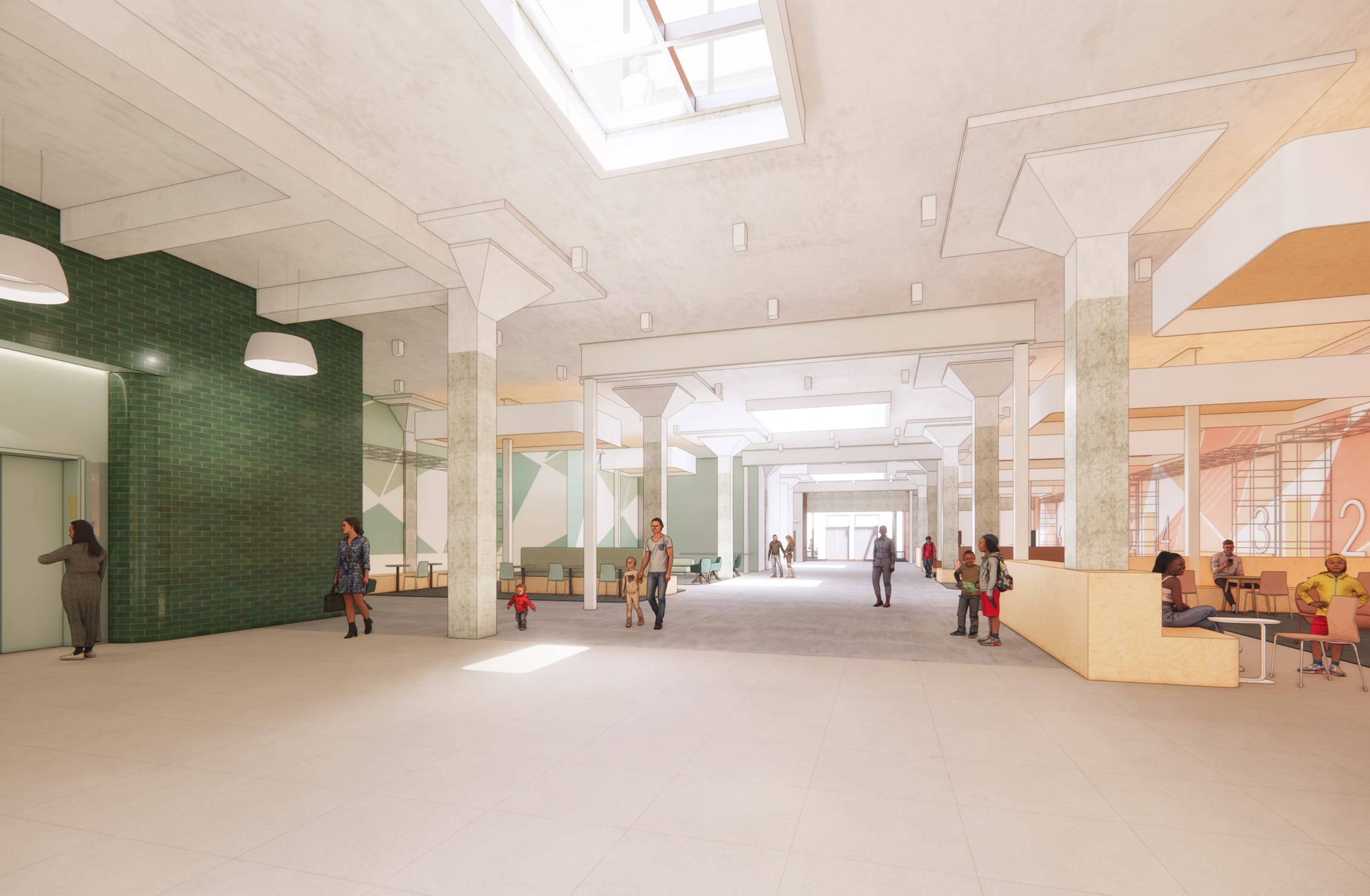 This architectural rendering depicts another interior corridor of the healthcare facility, featuring a spacious hallway with high ceilings and skylights that bring natural light into the space. The design continues the green accent theme with a prominent green tile wall on the left side. The corridor has concrete columns supporting architectural ceiling elements, and includes seating areas along both sides. Various people are shown throughout the space, including adults and children, suggesting a family-friendly environment. The perspective shows the corridor extending toward a bright entrance at the far end, creating a sense of openness and flow. The overall aesthetic maintains the modern, clean design language seen in the previous renderings, with a warm but clinical atmosphere appropriate for a healthcare setting.