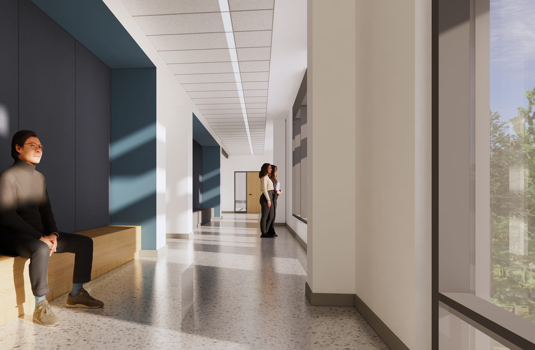 This rendering depicts a minimalist corridor in the Wake Tech Health Sciences Building with a clean, contemporary design. The hallway features terrazzo-style flooring, white walls with strategic blue accent panels, and a simple white ceiling with recessed linear lighting. On the left, a person with glasses sits on a wooden bench built into a navy blue wall alcove, bathed in natural light. Further down the corridor, two people stand conversing near a wooden door. Large windows on the right allow natural light to flood the space and offer views of trees outside. The design emphasizes a bright, open atmosphere with a restrained color palette of white, blue, and wood tones, creating a calm, professional environment suitable for an educational healthcare facility.