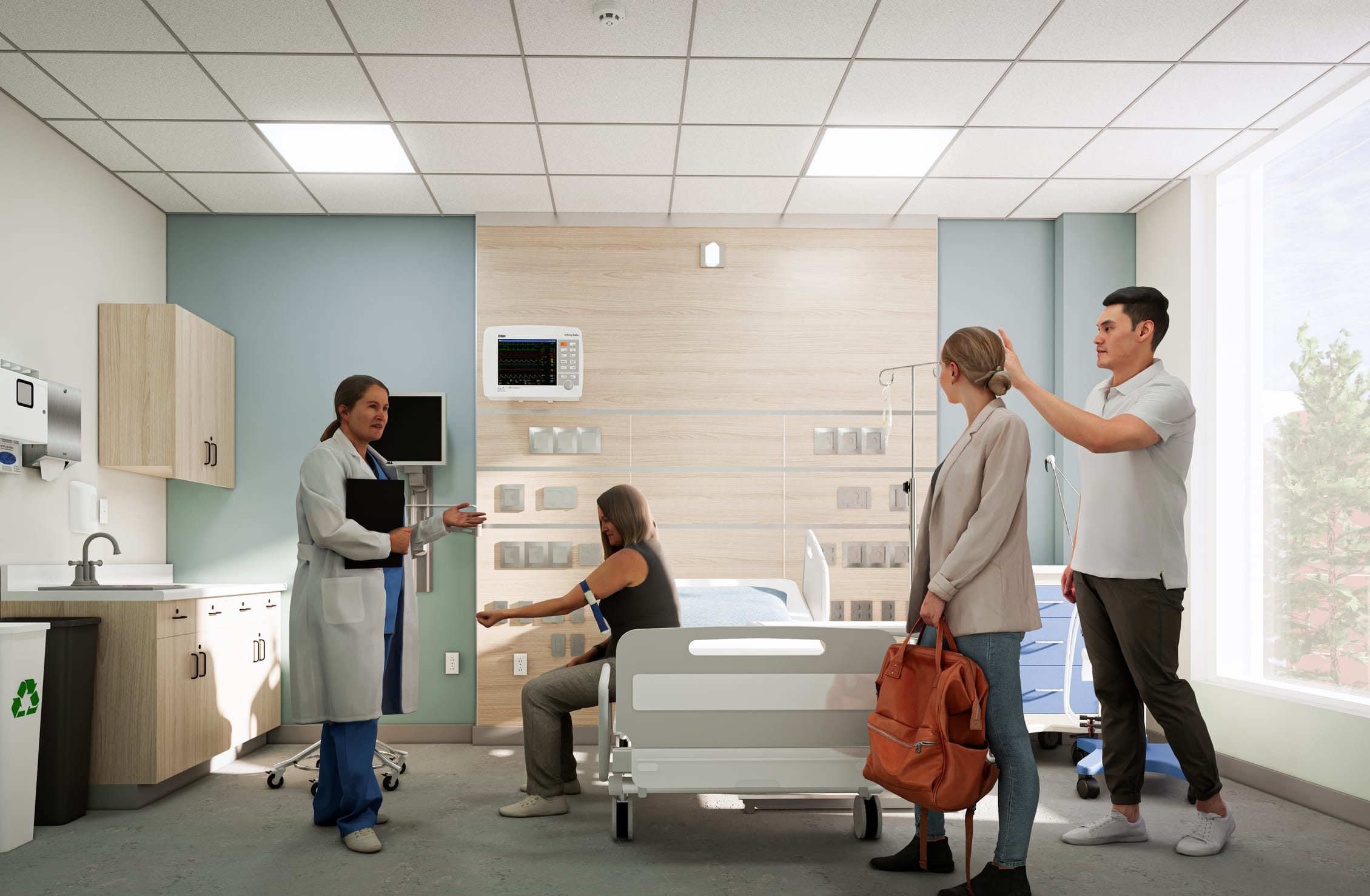 This rendering showcases a simulation hospital room in the Wake Tech Health Sciences Building, designed to provide students with realistic clinical training experiences. The space accurately replicates a modern hospital room with a medical-grade bed, wall-mounted vital signs monitor, headwall with medical gas outlets, and typical clinical furnishings. An instructor in a white coat and blue scrubs appears to be guiding students through a simulated patient scenario, with one student playing the role of a patient seated on the bed with a blood pressure cuff, while two other students observe the demonstration. The room includes standard healthcare elements like a handwashing sink, storage cabinets, waste receptacles, and large windows providing natural light. The color palette features calming blue-green accent walls with warm wood tones, creating a realistic yet serene environment for health sciences students to practice clinical skills before working with actual patients.