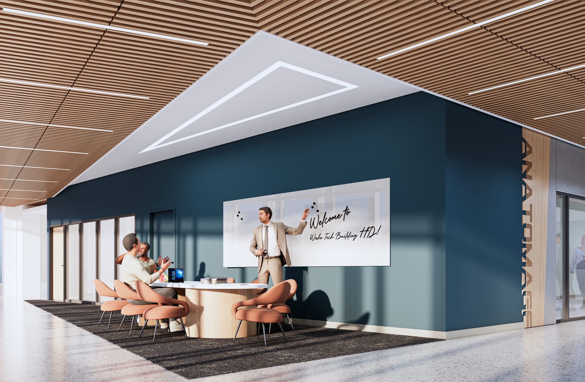 This rendering shows a collaborative meeting area in the Wake Tech Health Sciences Building featuring a distinctive architectural element with angled walls and a triangular ceiling detail highlighted by integrated linear lighting. A professor or administrator in a tan suit is presenting at a whiteboard that reads