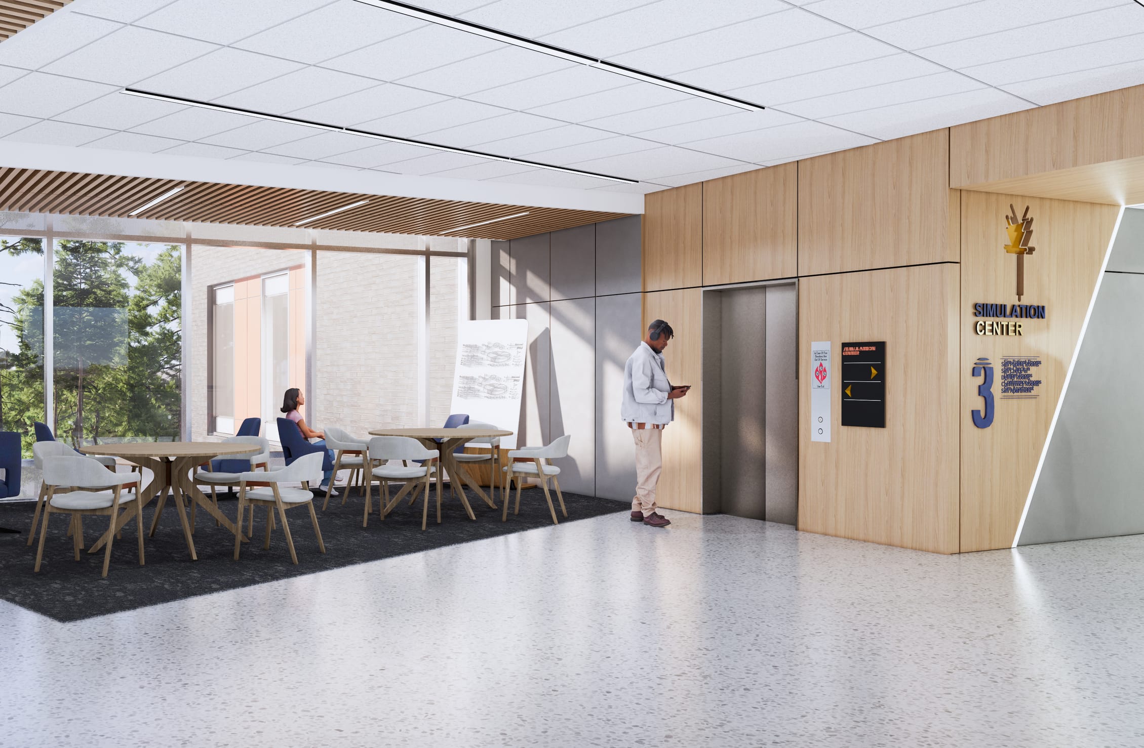 This rendering depicts a corridor and waiting area next to the