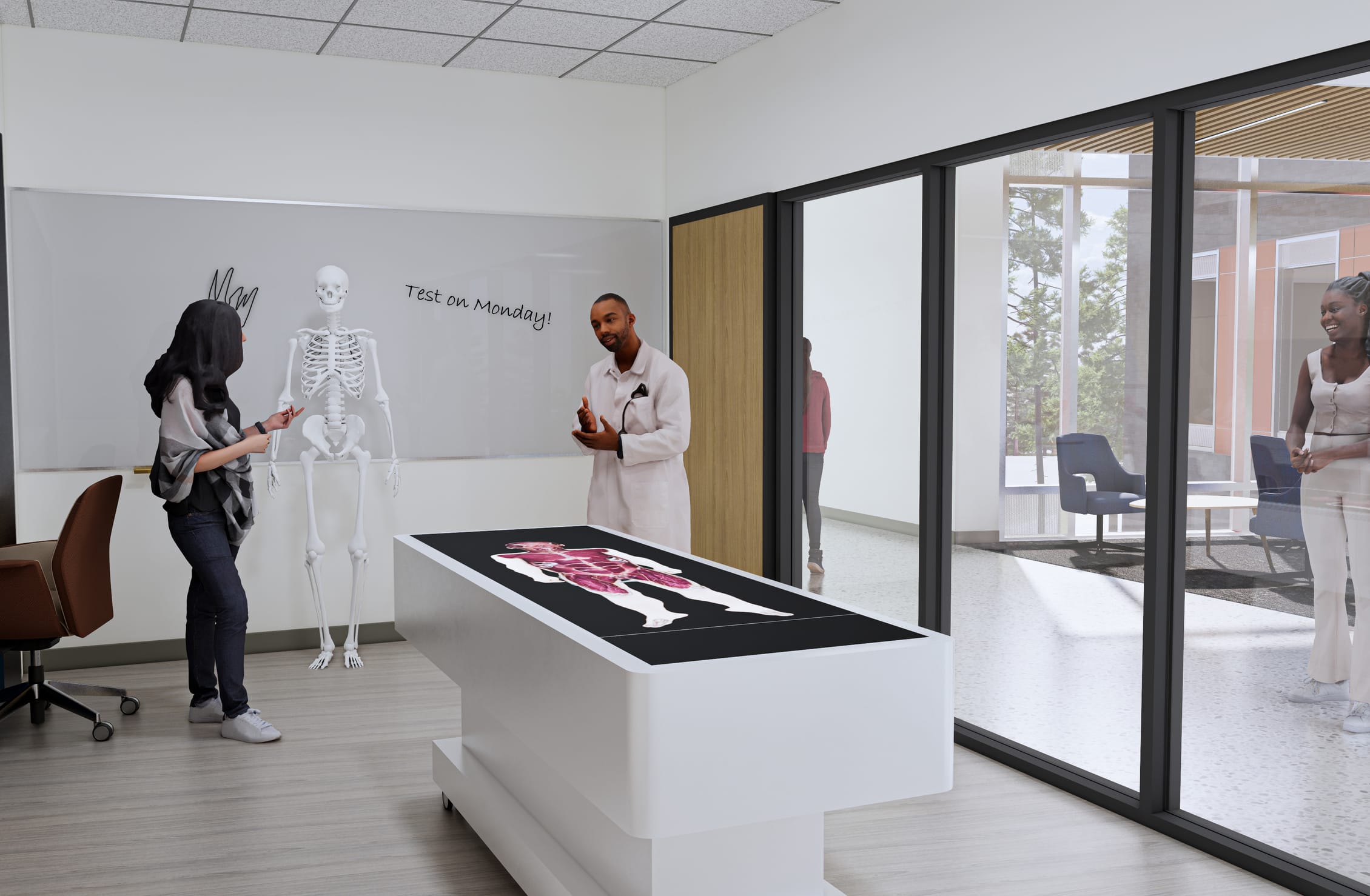 This rendering shows an innovative teaching space within the Wake Tech Health Sciences Building designed for anatomy education. The room features a full-size anatomical skeleton model that a student is examining, while an instructor in a white lab coat explains concepts beside an interactive digital anatomy table displaying internal organs on a black touchscreen surface. A whiteboard behind them has