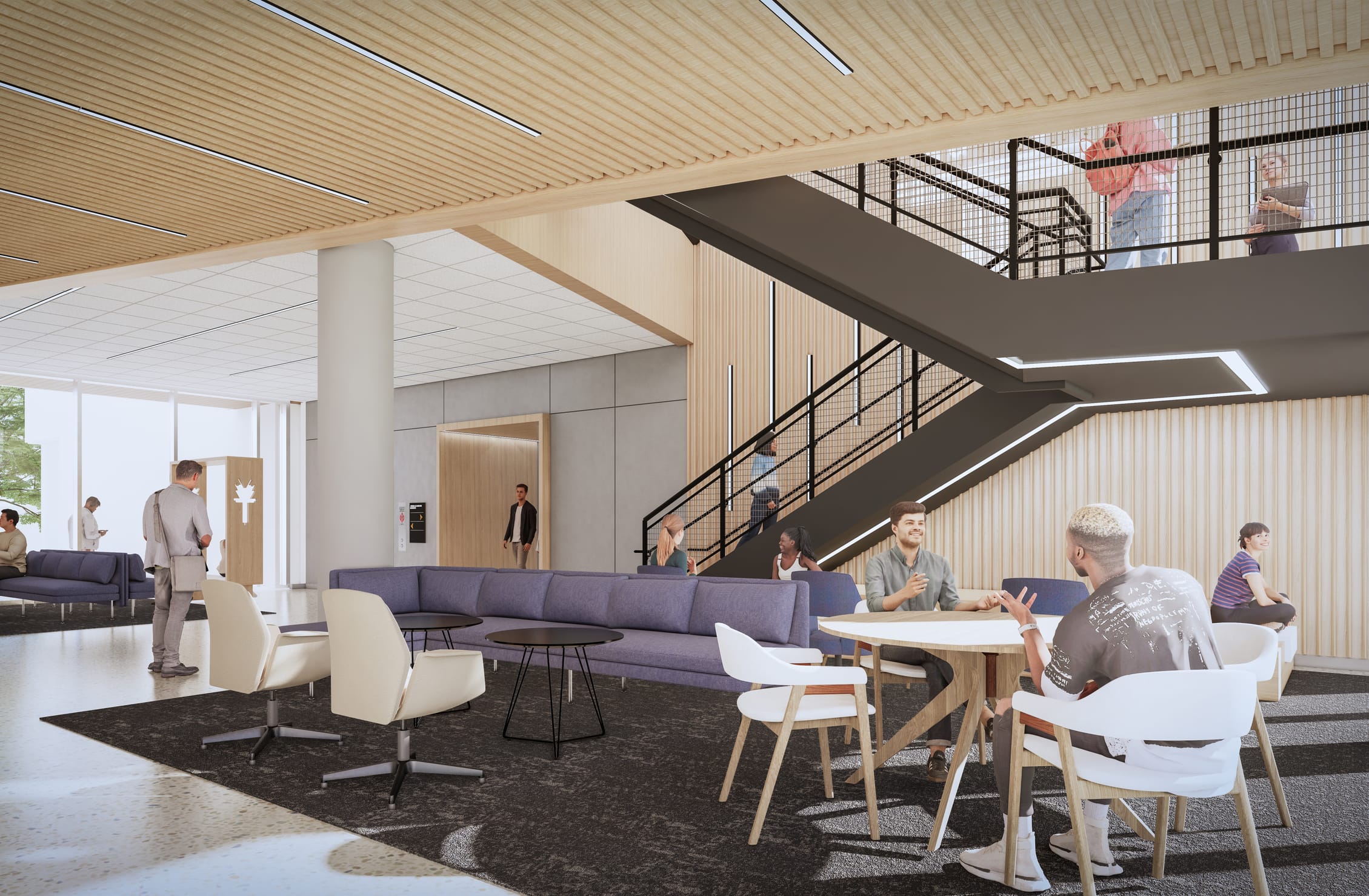 This interior rendering shows a modern educational building common area with warm wood accents and a contemporary design. The space features a minimalist aesthetic with a wooden slatted ceiling, concrete staircase with black metal railings, and natural light from large windows. In the foreground, two students converse at a round table with white chairs, while purple sectional sofas create casual seating areas throughout the space. Other students and staff members can be seen walking or sitting in various parts of the lounge. The design combines concrete, wood paneling, and glass elements to create an inviting collaborative environment that balances modern institutional architecture with comfortable gathering spaces.