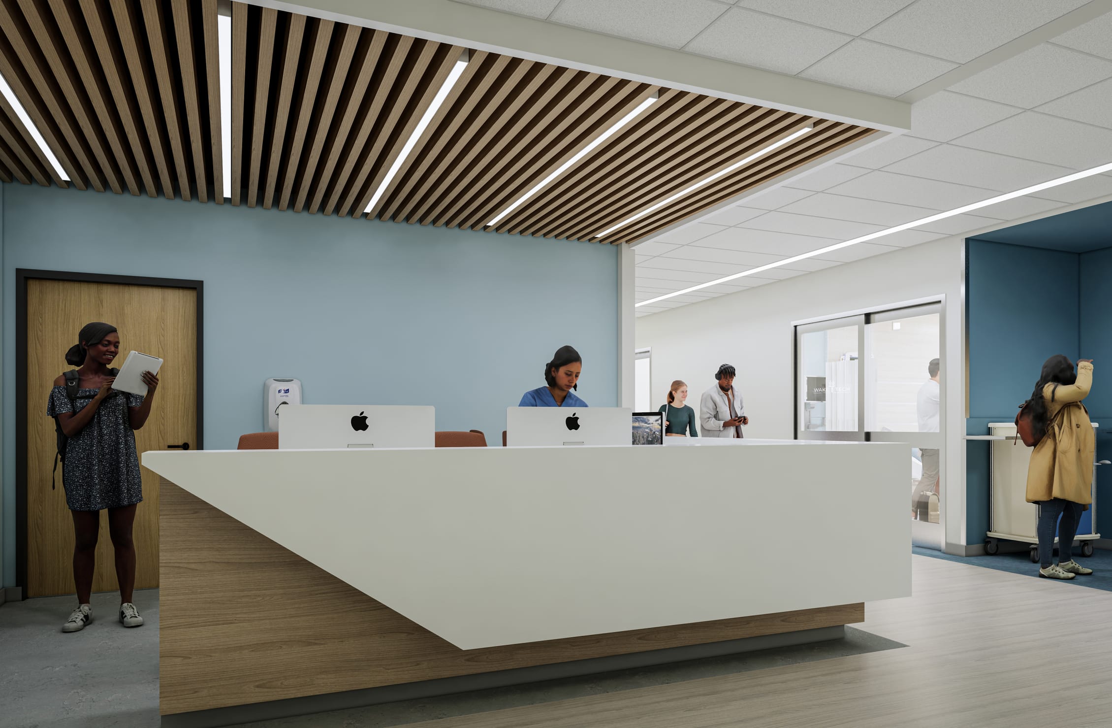 This rendering shows a modern reception or welcome area in the Wake Tech Health Sciences Building. The space features a distinctive angular white healthcare reception desk anchored by wood paneling at its base, equipped with Apple computers for staff. A person in blue scrubs or healthcare attire is working at the desk. The ceiling incorporates an elegant wooden slat design with integrated lighting over the reception area, transitioning to standard ceiling tiles in adjacent spaces. Light blue walls create a calming atmosphere. Various individuals are visible in the space: a person reviewing papers near a wooden door on the left, others walking in the hallway behind the desk, and someone at a station on the right side. The overall design balances professional healthcare aesthetics with warm, contemporary architectural elements. This is a simulation space to replicate real clinical environments.