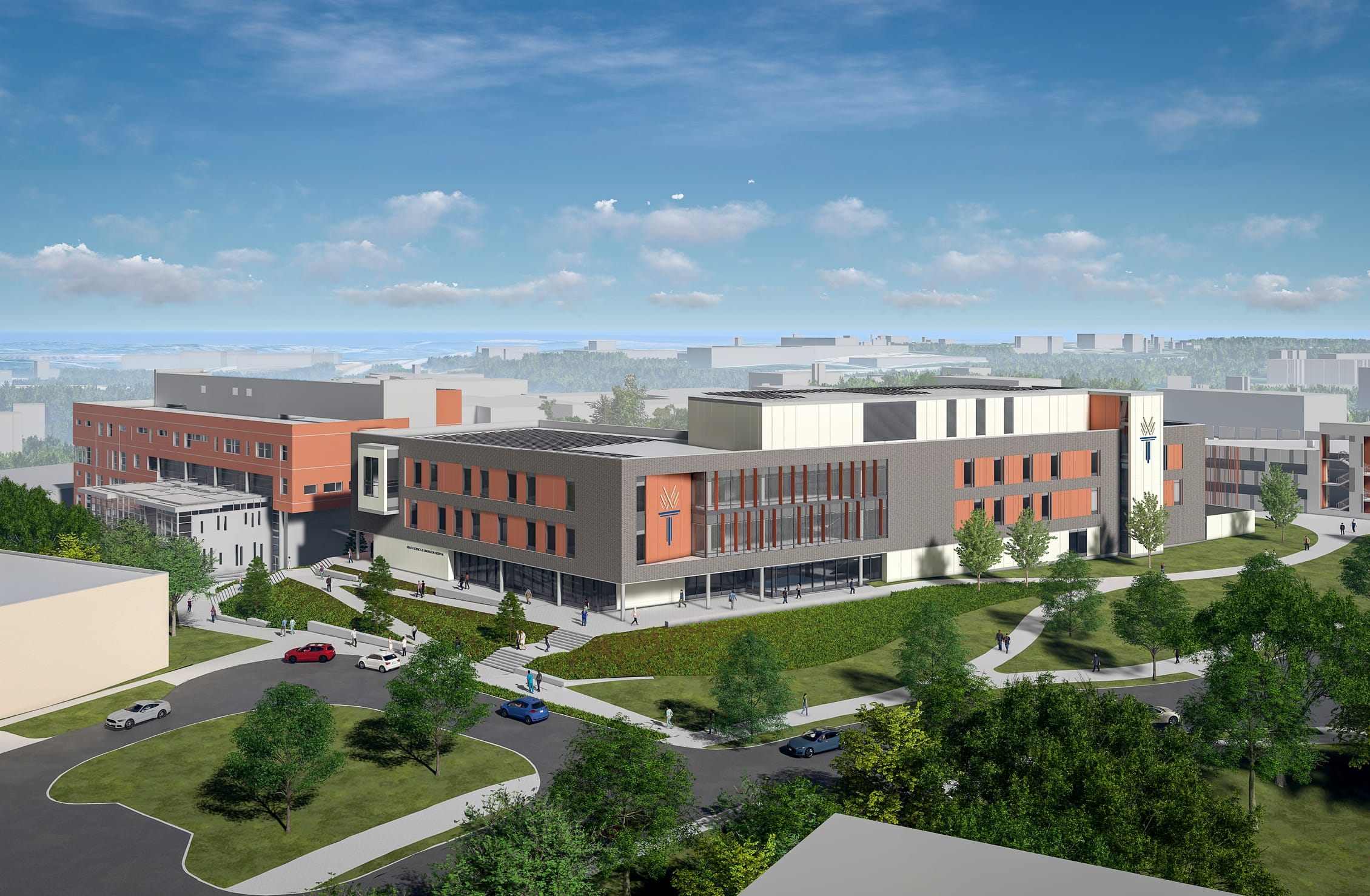 This rendering depicts a modern, multi-story academic building for Wake Tech's Health Sciences program in daylight. The structure features a distinctive blend of materials including brick, terracotta panels, and glass, with an angular contemporary design. The building showcases large windows along a prominent glass-fronted entrance area marked with the