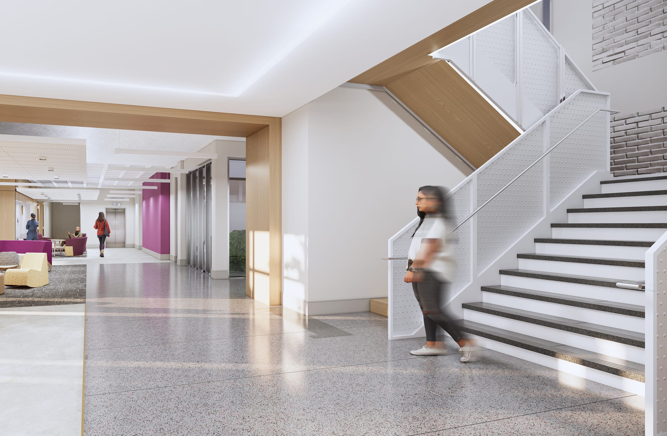 This rendering depicts a modern circulation space in Howell Hall featuring a contemporary staircase with white perforated metal railings and black treads against a backdrop of white brick. A woman has just descended the stairs and has a subtle blur to indicate movement. Subtle recessed lighting in the ceiling creates a bright, welcoming atmosphere in this transitional space that effectively combines circulation with informal gathering opportunities.