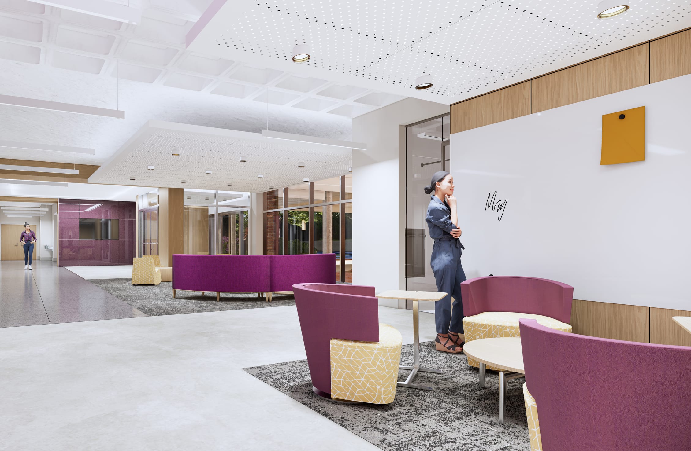 This modern interior rendering of Howell Hall at East Carolina University showcases a thoughtfully designed collaborative space with a sophisticated color palette of magenta, gold, and natural wood tones. The open-concept area features curved magenta seating with geometric yellow fabric accents, perforated white acoustic ceiling panels, and abundant natural light flowing through glass partitions. A person stands thoughtfully at a whiteboard marked