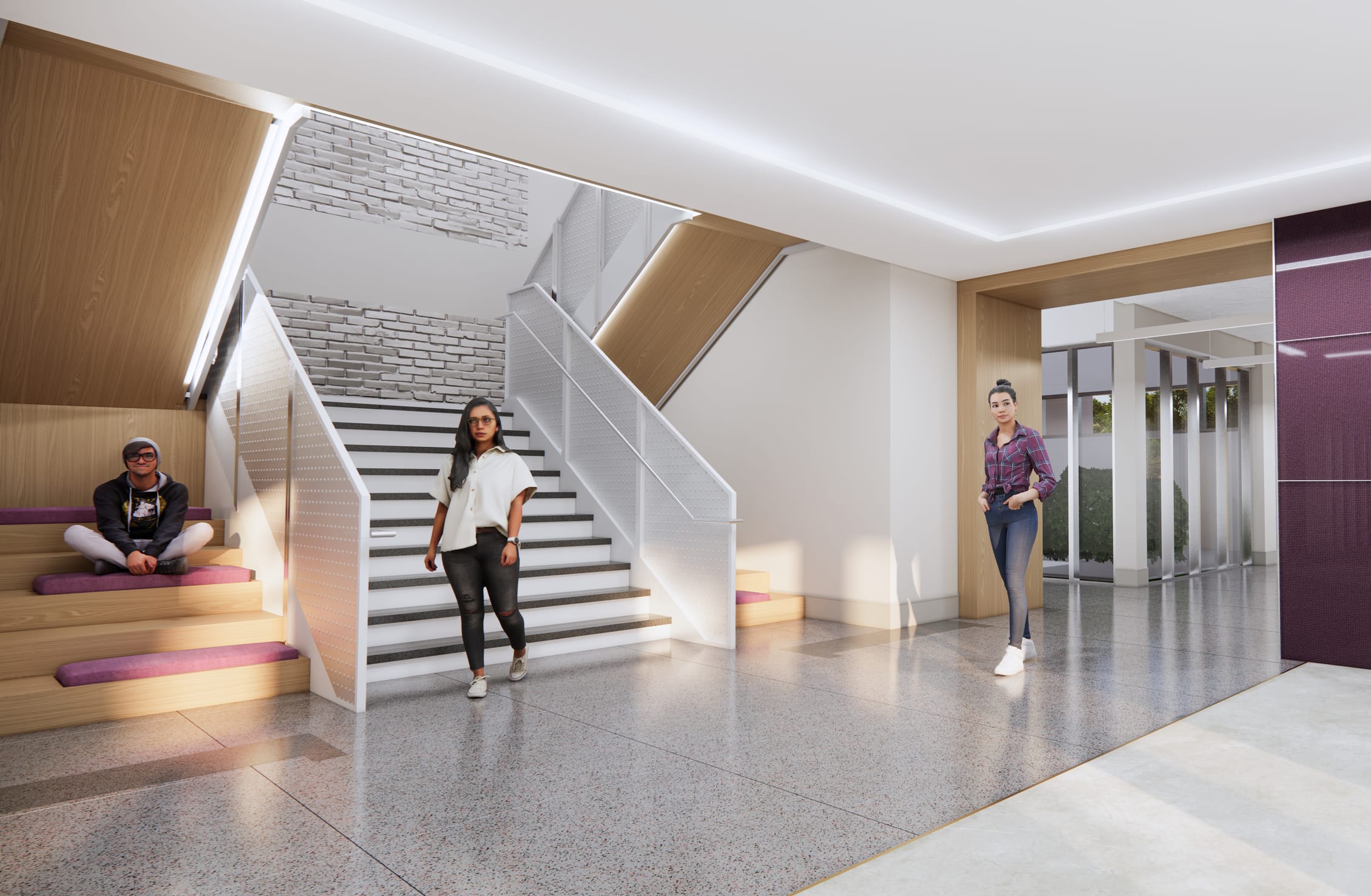 This rendering depicts a modern circulation space in Howell Hall featuring a contemporary staircase with white perforated metal railings and black treads against a backdrop of white brick. The area incorporates built-in seating with magenta cushions integrated into wooden stepped elements, where one student sits casually. Two other students are shown navigating the space - one descending the stairs and another entering from an adjacent corridor illuminated by natural light. The design utilizes the established color palette with purple accent walls, warm wood tones, and polished terrazzo flooring. Subtle recessed lighting in the ceiling creates a bright, welcoming atmosphere in this transitional space that effectively combines circulation with informal gathering opportunities.