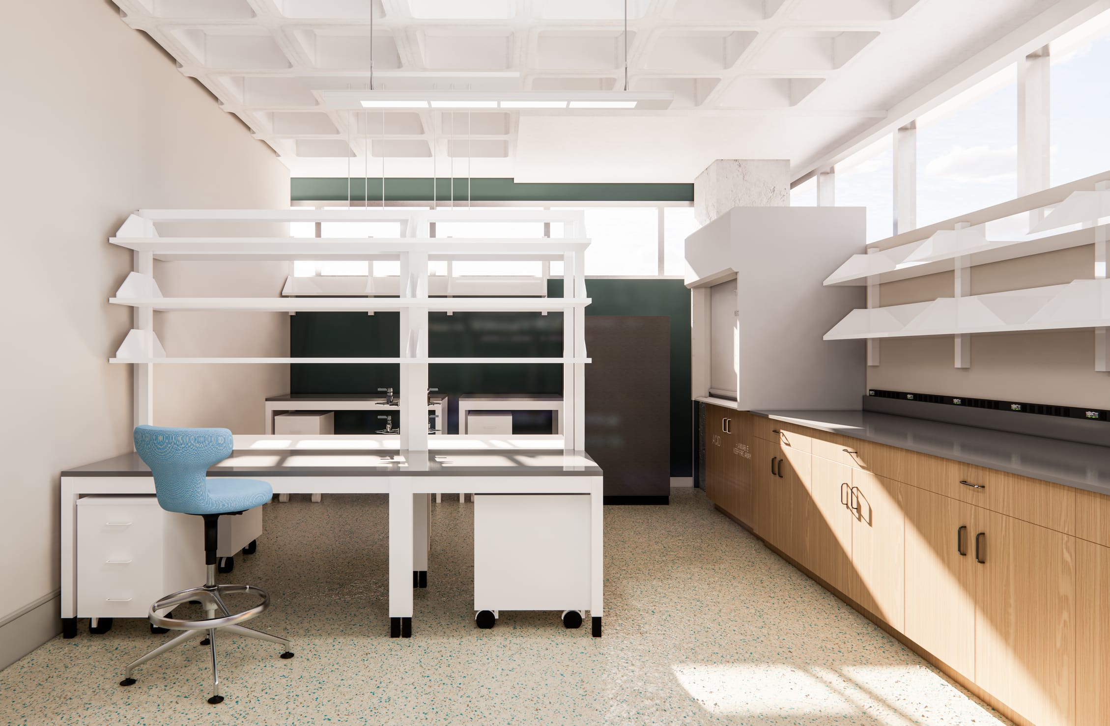 This rendering depicts a modern laboratory or science classroom in Howell Hall, featuring a functional and minimalist design. The space includes a white workstation with modular components and overhead shelving in the foreground, complemented by a blue adjustable lab chair. Along the right wall runs wooden cabinetry with dark countertops and open shelving above. The room is brightened by natural light from large windows and features a coffered white ceiling with suspended lighting. Dark green accent walls provide contrast to the neutral palette, while the speckled terrazzo-style flooring adds subtle visual interest. The overall design balances practical laboratory needs with contemporary academic aesthetics.