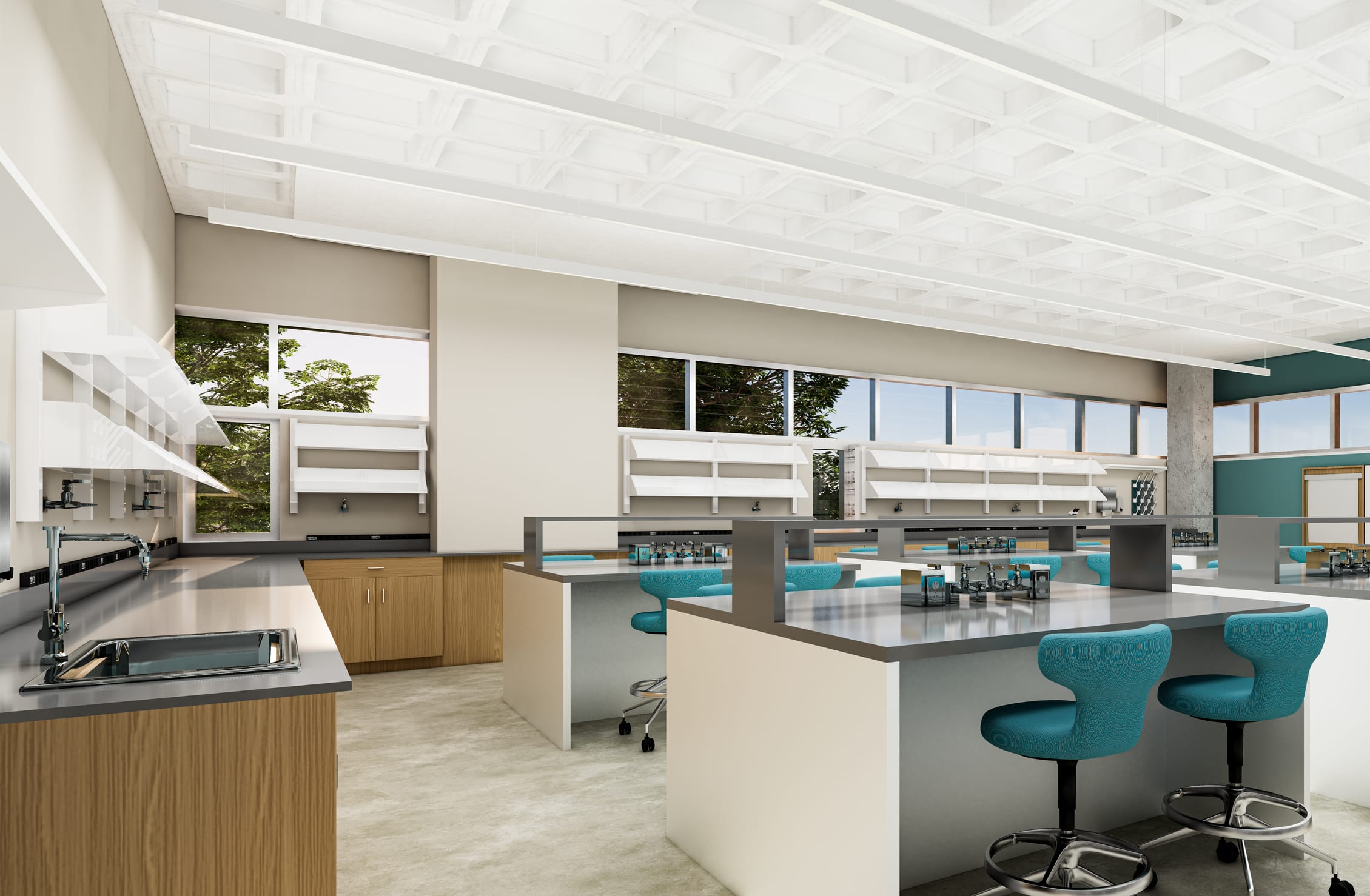 This rendering shows a spacious science laboratory in Howell Hall featuring an efficient island-based layout with multiple workstations. Each station is equipped with dark gray countertops supported by white modular bases and complemented by distinctive teal blue ergonomic lab chairs. The room benefits from abundant natural light through large clerestory windows showcasing views of trees outside. Functional elements include wooden base cabinets with sinks along the perimeter walls, white overhead shelving systems, and a coffered white ceiling. The teal and wood color scheme continues the design language seen in other areas of the building, while the light-colored flooring enhances the bright, contemporary atmosphere ideal for scientific teaching and research activities.