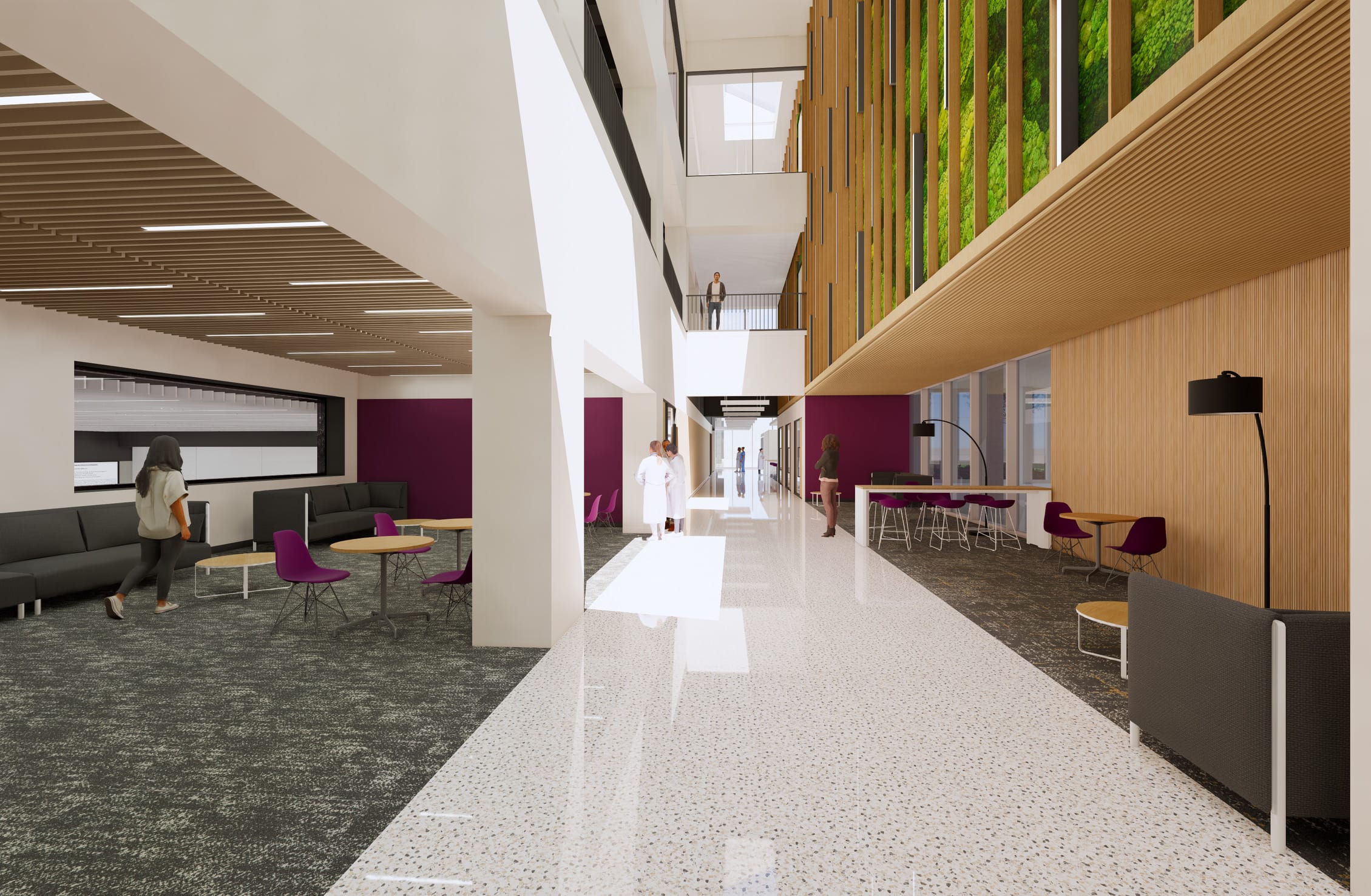 This rendering displays the interior of ECU Brody School of Medicine with a striking biophilic design element. The central corridor features highly polished terrazzo flooring that reflects the overhead lighting. To the right, a dramatic wooden slat wall incorporates vertical panels of preserved moss, bringing natural elements indoors. The space includes multiple seating areas with purple accent chairs and wooden tables, creating collaborative zones. On the left, a lounge area with dark sofas and carpeting offers a more casual gathering space with purple accent walls. The multi-story atrium allows for natural light penetration, with a figure visible on an upper-level walkway. Several people in both casual and professional attire (including what appears to be a medical coat) are shown throughout the space. The design balances professional functionality with warm, inviting elements through its thoughtful use of materials and color.