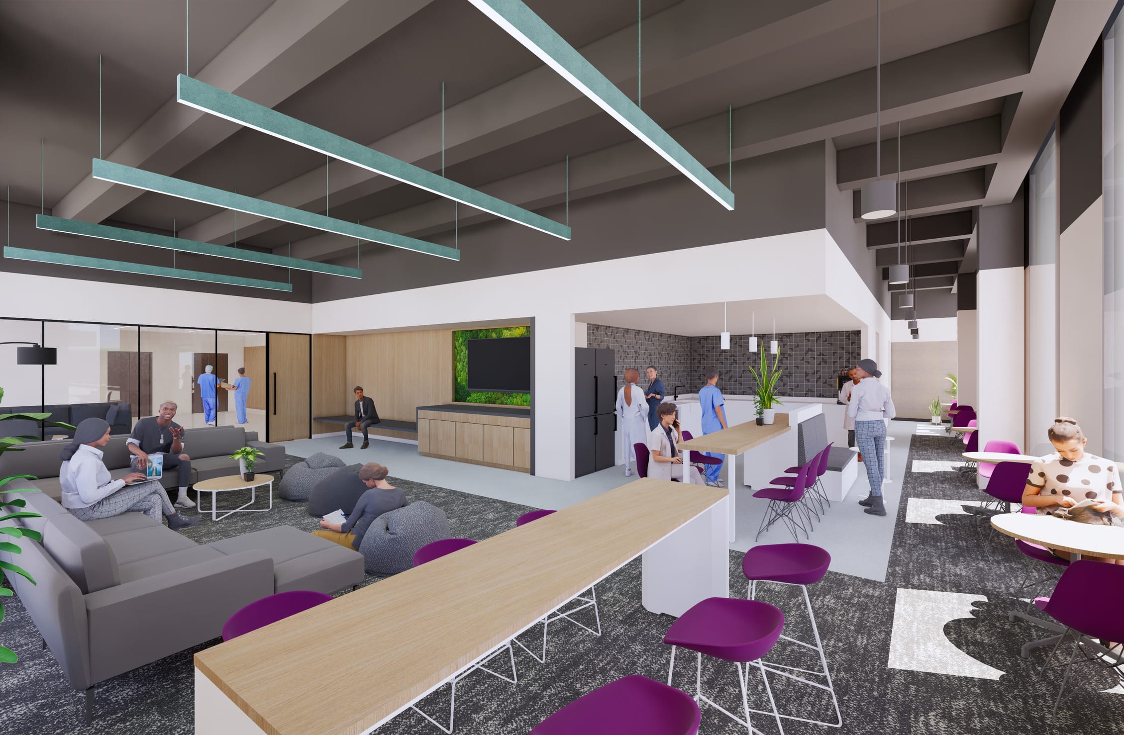This rendering showcases a Brody School of Medicine lounge or break area combining multiple functional zones. The space features a contemporary design with distinctive teal pendant lighting fixtures hanging from an exposed ceiling structure. On the left, a comfortable lounge area with gray sofas and bean bag seating creates a relaxation zone where medical professionals in scrubs and business attire converse. The center includes a wooden-topped counter with vibrant purple stools and a living plant wall element. To the right, a kitchen and dining area with white cabinetry, black tile backsplash, and additional seating allows for meals and casual meetings. The design uses a consistent color palette of gray, white, purple, and natural wood tones throughout, with strategic placement of plants adding warmth. The multi-functional layout accommodates both social interaction and quiet work.