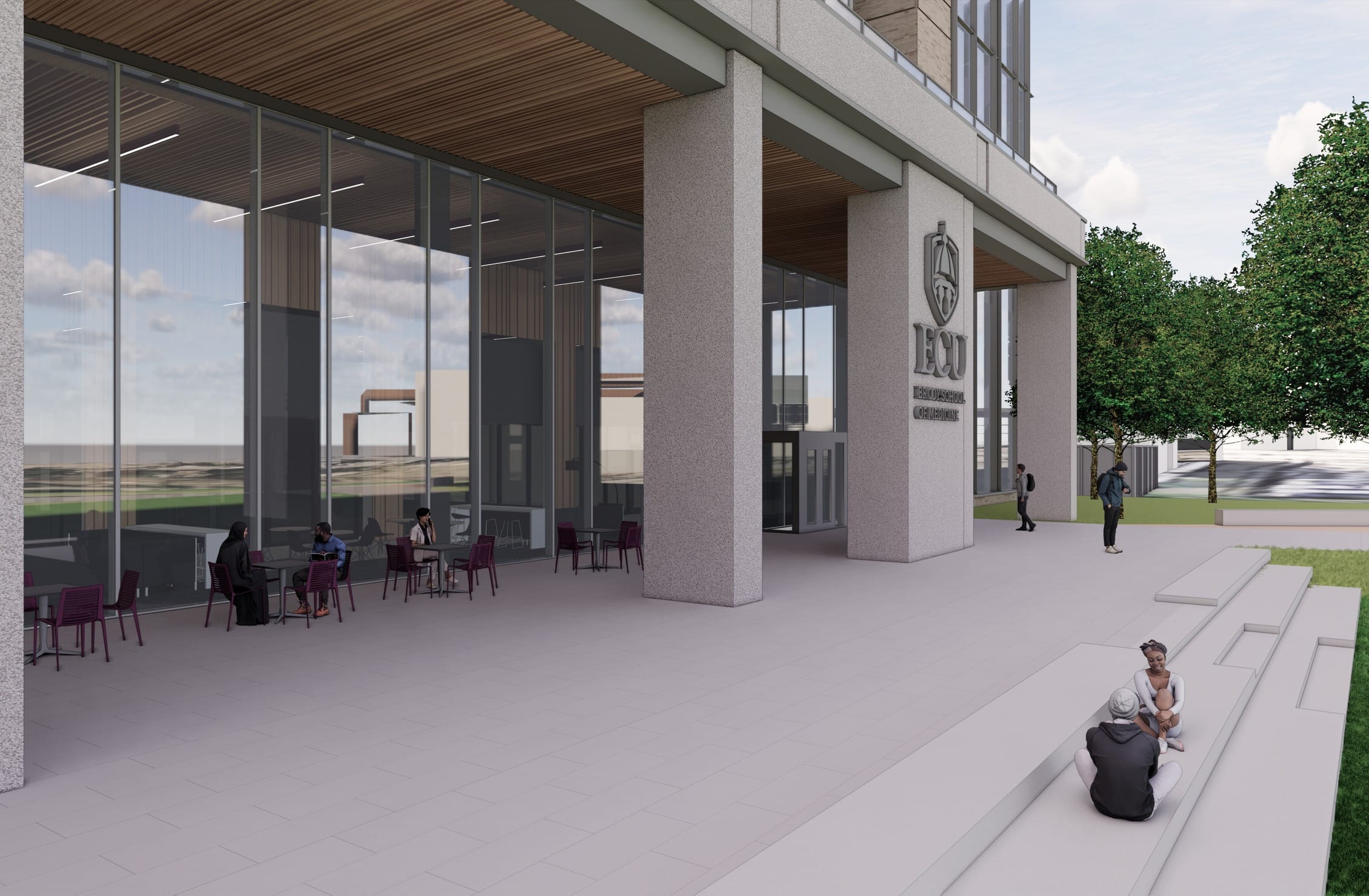 This rendering depicts Howell Hall at East Carolina University, featuring a modern architectural design with clean lines and a minimalist aesthetic. The building showcases large glass windows on the ground floor with a wooden-slatted ceiling overhang, creating a covered outdoor space where students can gather at purple chairs and tables. The ECU shield logo is prominently displayed on the building's exterior. The entrance area includes wide concrete steps where some students are sitting, while others walk along the spacious plaza. Surrounding greenery with mature trees complements the light-colored stone façade, creating an inviting academic environment that balances contemporary design with functional student spaces.