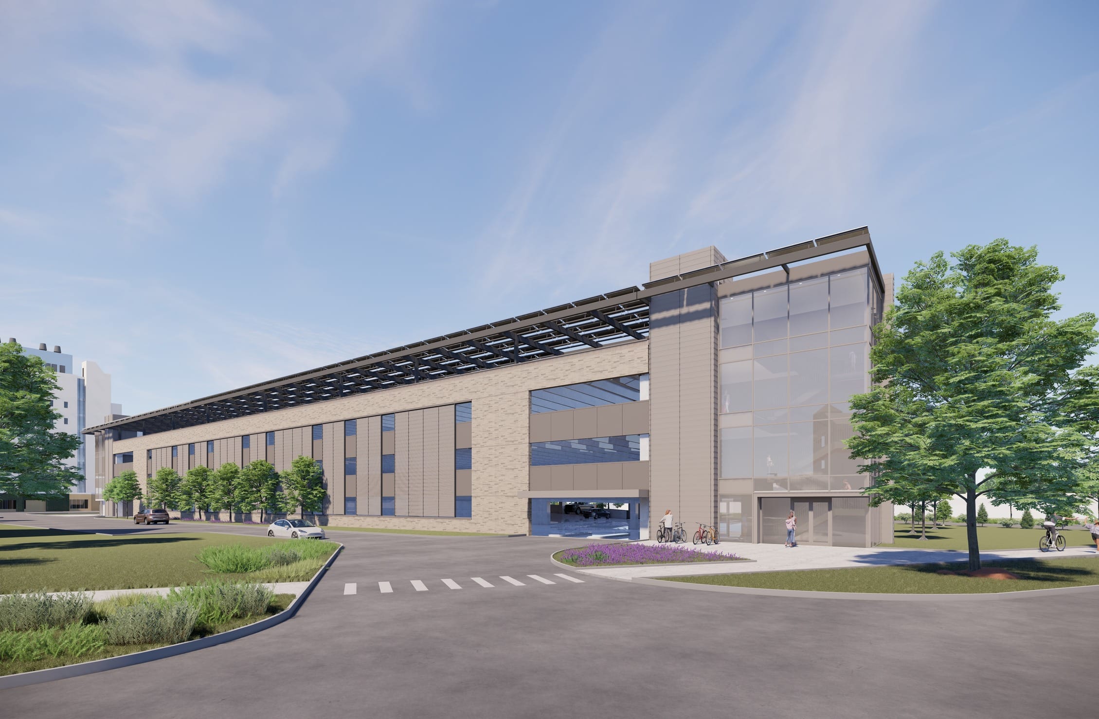 This rendering depicts the contemporary Brody School of Medicine with distinctive architectural features. The three-story structure combines light brick and metal panel cladding with a dramatic angled roof that incorporates what appears to be solar panels or shading elements along its slope. The right portion features a glass curtain wall allowing natural light into the interior, while the main façade has a rhythmic pattern of smaller windows. The landscape design integrates sustainable elements including native plantings, purple flowering beds near the entrance, and bicycle parking to encourage alternative transportation. A pedestrian crosswalk leads to the main entrance where a covered entry area provides shelter. Mature trees frame the building, while the parking area is minimized in favor of green space, reflecting modern campus design principles that prioritize sustainability and pedestrian-friendly environments.