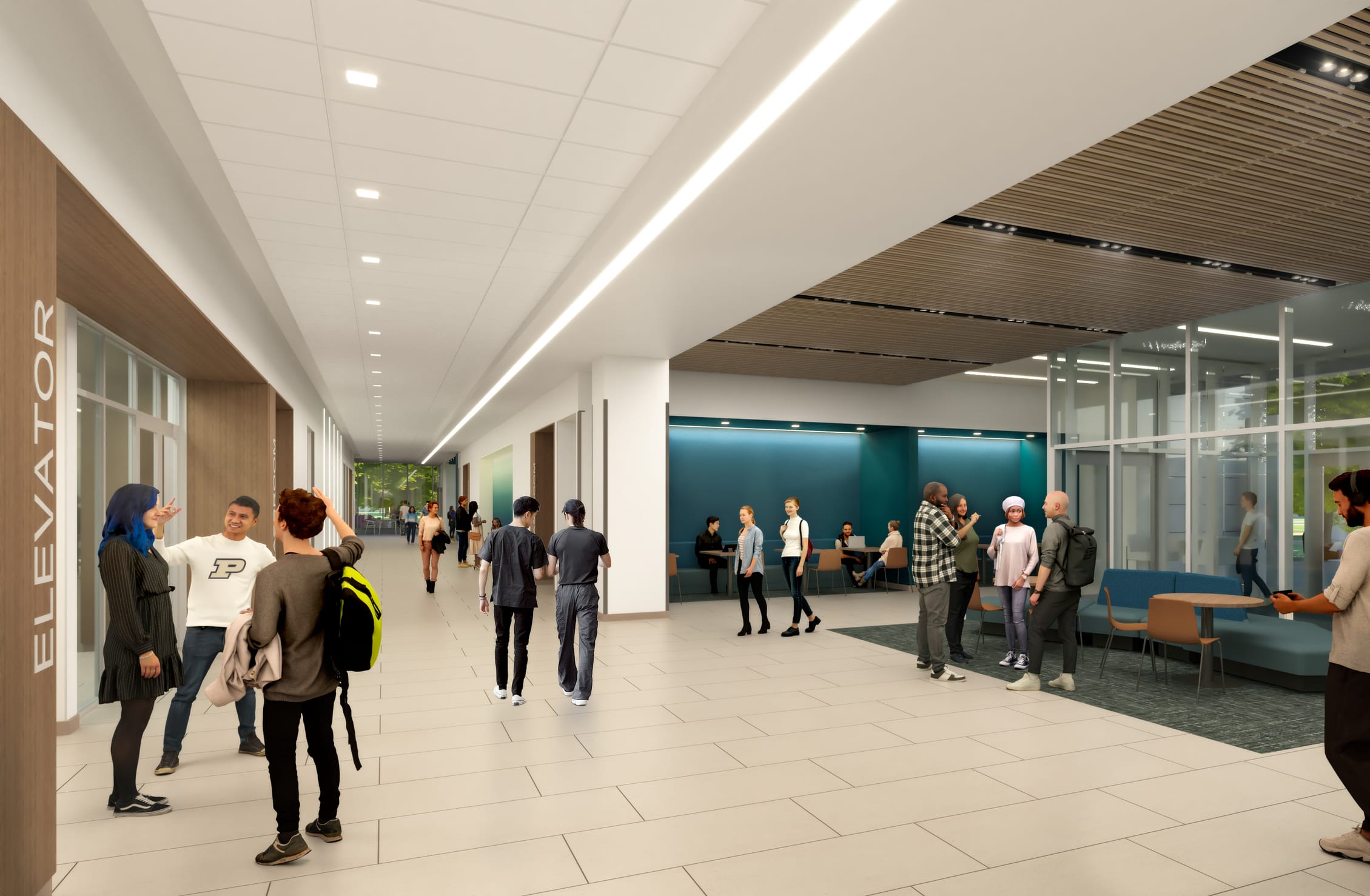 This architectural rendering depicts the main corridor and lobby area of Purdue's new Nursing and Pharmacy Education Building, showcasing a spacious, modern interior with clean lines and contemporary finishes. The wide hallway features polished tile flooring, wood-paneled walls with 