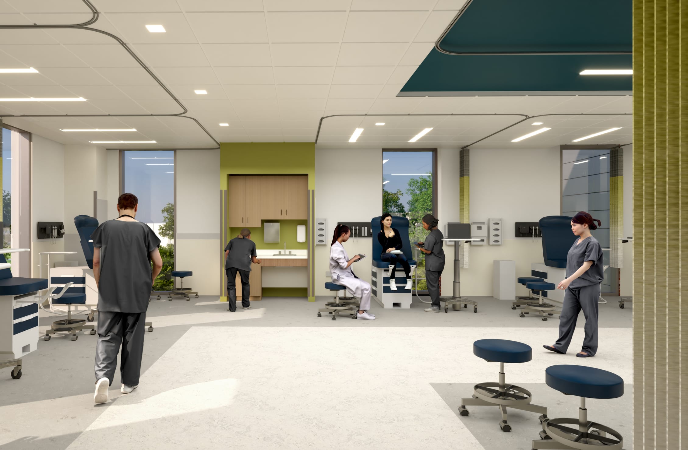 This architectural rendering depicts a state-of-the-art clinical simulation laboratory within Purdue's new Nursing and Pharmacy Education Building, designed to provide hands-on healthcare training in a realistic hospital-like environment. The space features multiple patient care stations with adjustable medical chairs, mobile equipment carts, and built-in cabinetry with lime green accent walls for organization and storage. Students and instructors in scrubs practice clinical procedures using professional-grade medical equipment, while the modern design incorporates curved ceiling elements, abundant natural light from large windows, and flexible layouts that support various healthcare education scenarios for both nursing and pharmacy students.