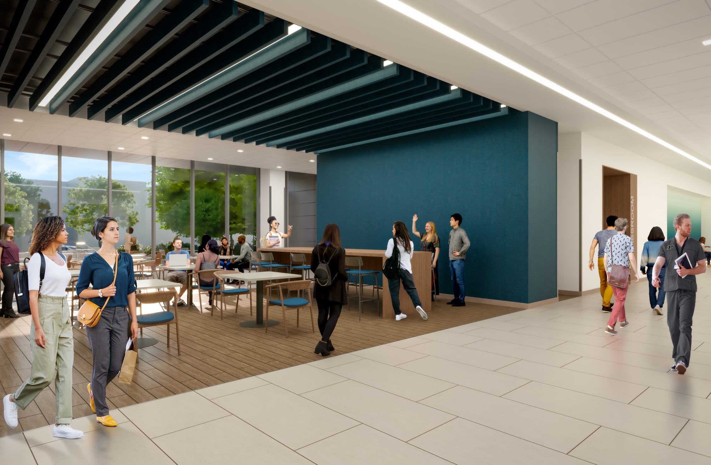 This architectural rendering shows the interior of Purdue's new Nursing and Pharmacy Education Building, featuring a modern, open-concept learning space with a striking teal accent wall and contemporary ceiling design with exposed beams. The collaborative area includes flexible seating arrangements with wooden tables and teal chairs, where students and faculty are gathered for discussions and presentations. Large windows provide natural light and views of the campus landscape, while the polished tile flooring and clean white walls create a bright, welcoming environment designed to support interactive healthcare education and student engagement.