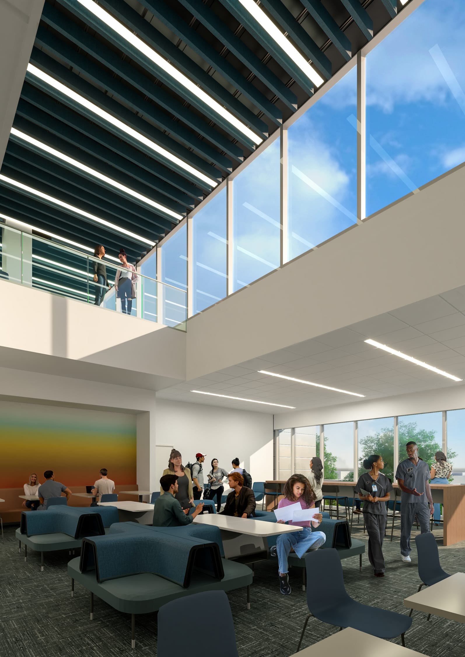 This architectural rendering showcases the dramatic multi-story atrium of Purdue's new Nursing and Pharmacy Education Building, featuring a soaring open space with floor-to-ceiling windows that flood the interior with natural light. The design incorporates a striking overhead canopy with linear slats and integrated lighting, while students gather on multiple levels including an upper mezzanine with glass railings. The lower level student lounge area features contemporary modular seating in teal and gray tones, flexible furniture arrangements, and colorful accent walls, creating an inspiring collaborative environment where nursing and pharmacy students can study, socialize, and engage with faculty in a bright, modern setting.
